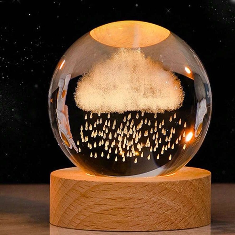 Lámpara de Bola de Cristal con Base de Madera
