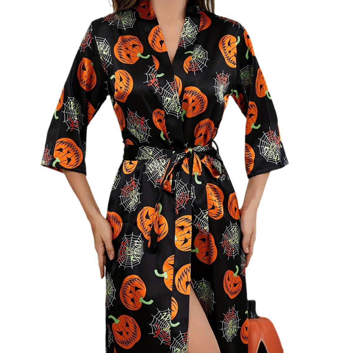 Satynowy kostium na Halloween dla kobiet | Szlafrok z nadrukiem dyni i paskiem