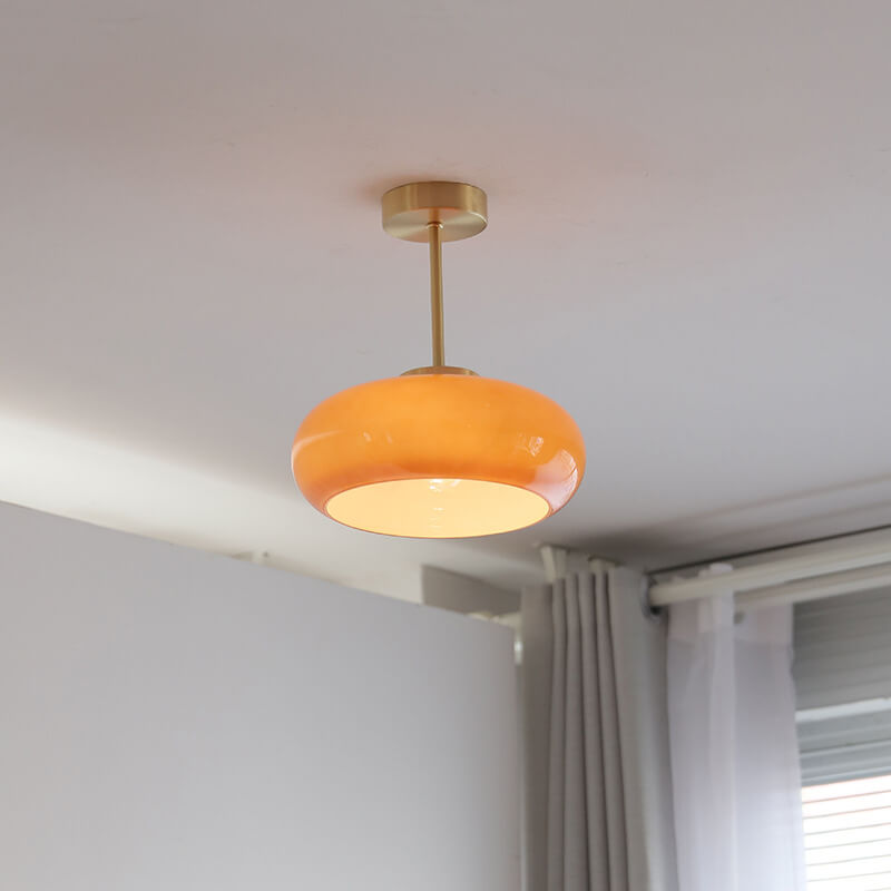 Lampada da soffitto vintage in vetro e ottone semi-incasso