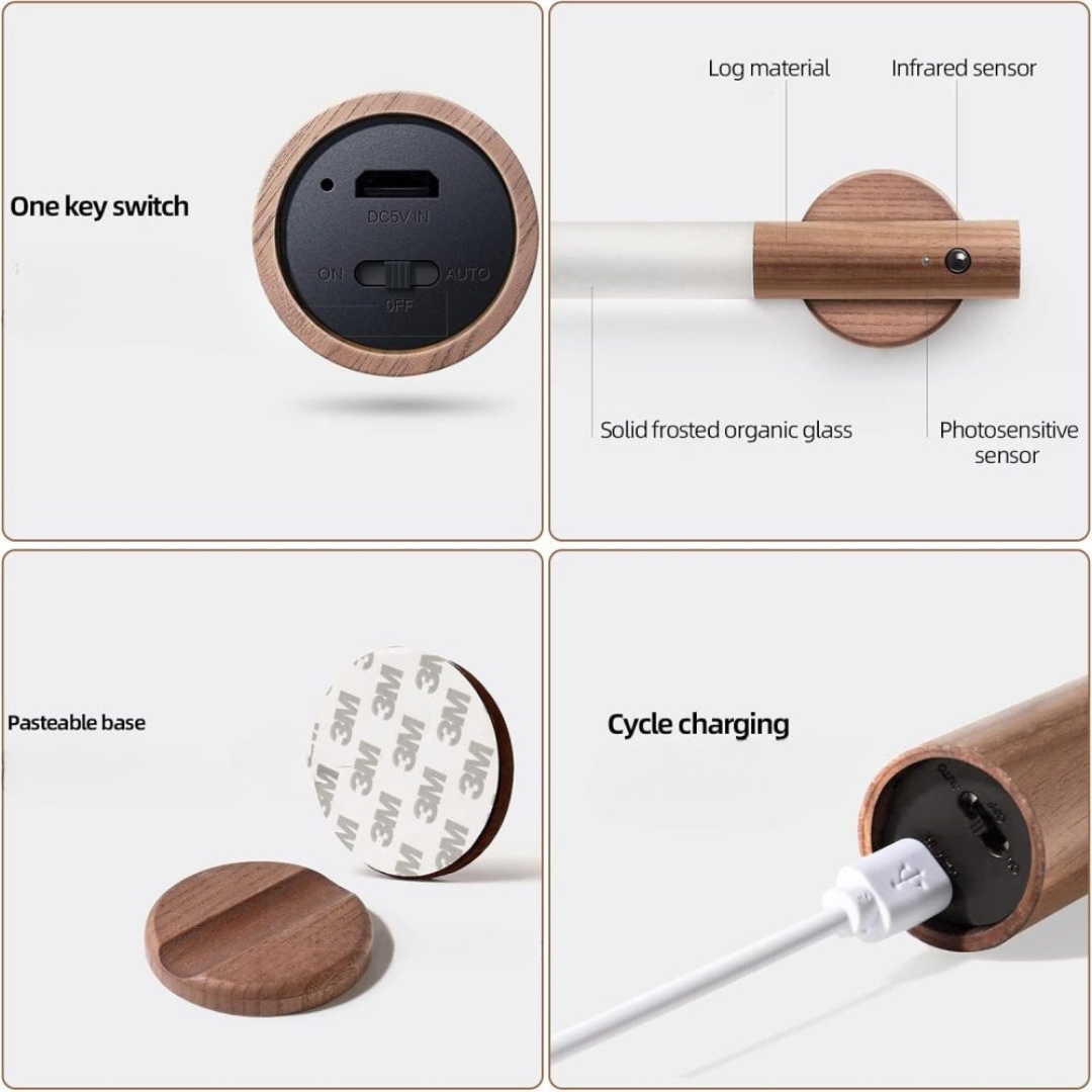 Lámpara de pared LED con sensor de movimiento de madera
