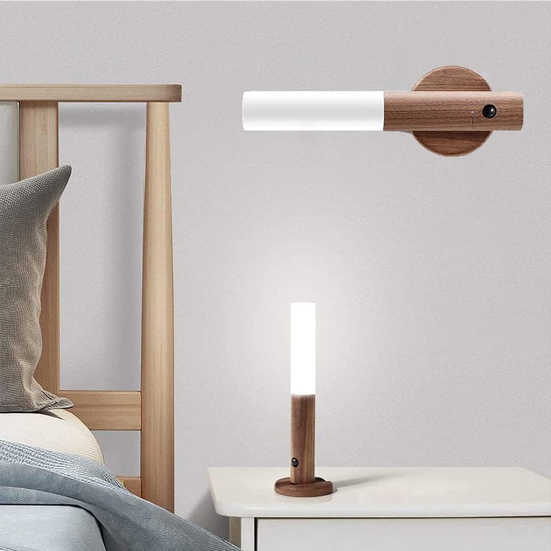Lámpara de pared LED con sensor de movimiento de madera