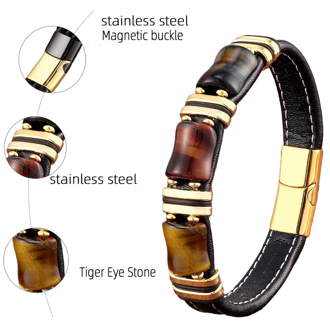 Bracelet Leather Gold | Tiger Eye Beaded Men’s Jewelry