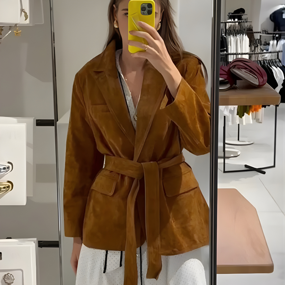 Chaqueta trench larga ligera de ante para mujer con cinturón