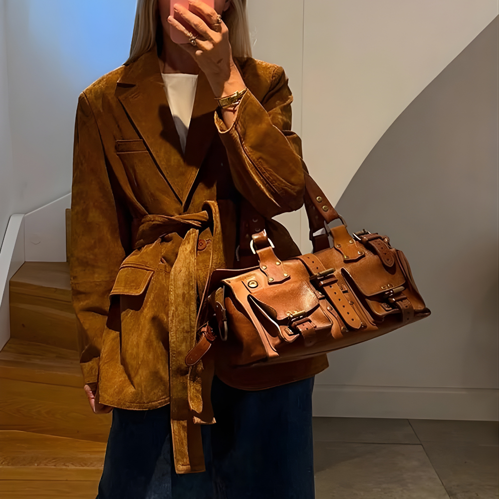 Chaqueta trench larga ligera de ante para mujer con cinturón