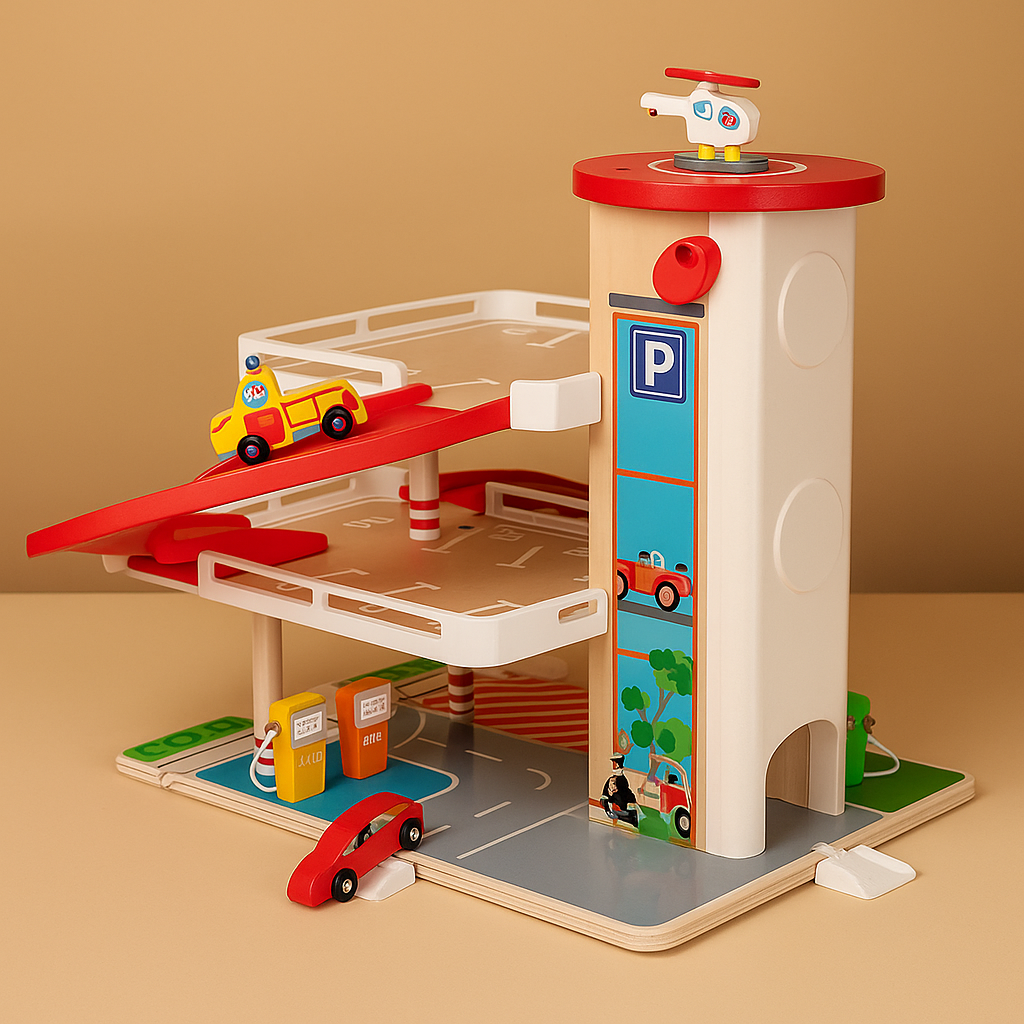 Wooden Parking Garage Toy Car Playset Educational Race Track