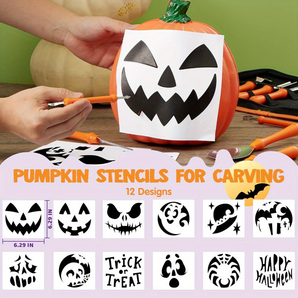 Kit de tallado de calabazas de Halloween con plantillas | Herramientas reutilizables para calabazas talladas fácilmente