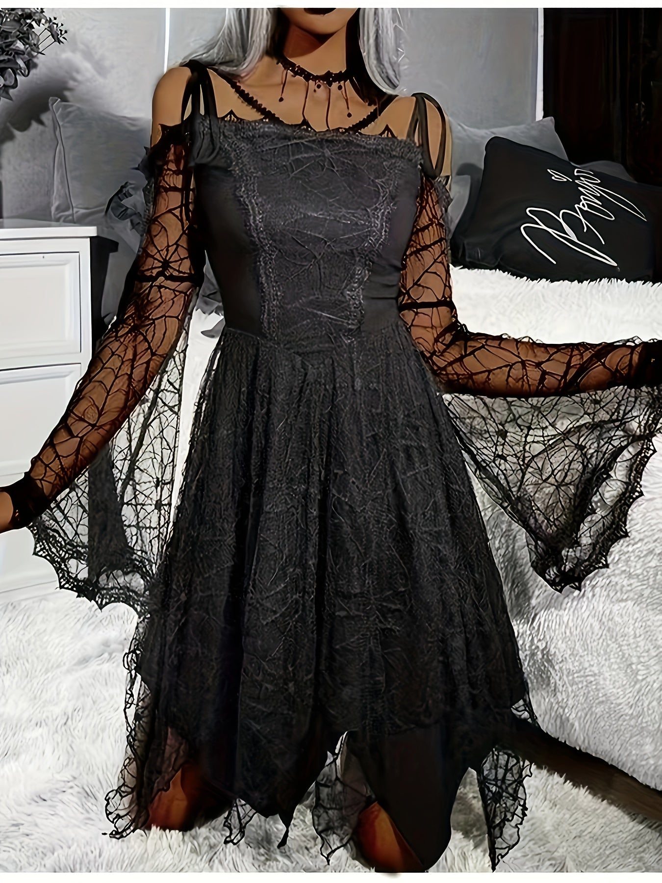 Damska gotycka sukienka na Halloween z siateczki | Mini z długim rękawem
