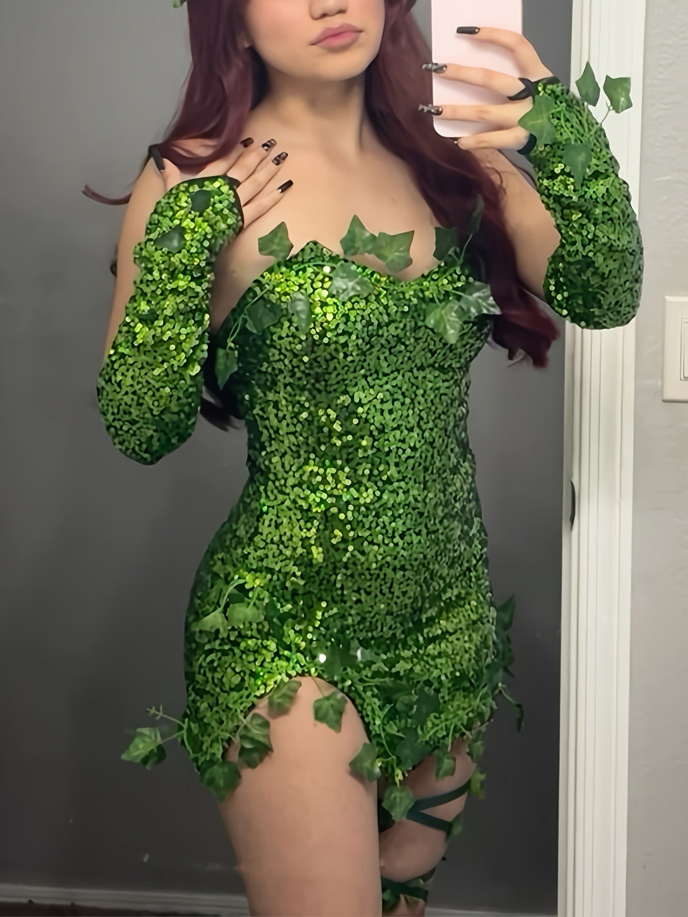Women Sequin Leaf Halloween Costume Dress | Strapless Mini