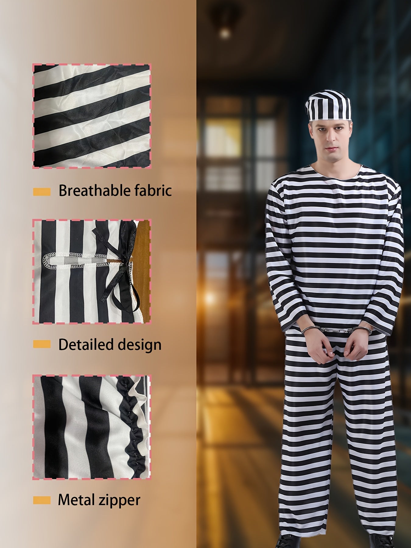 Classic Long Sleeve Halloween Prisoner Costume Set | Striped Inmate
