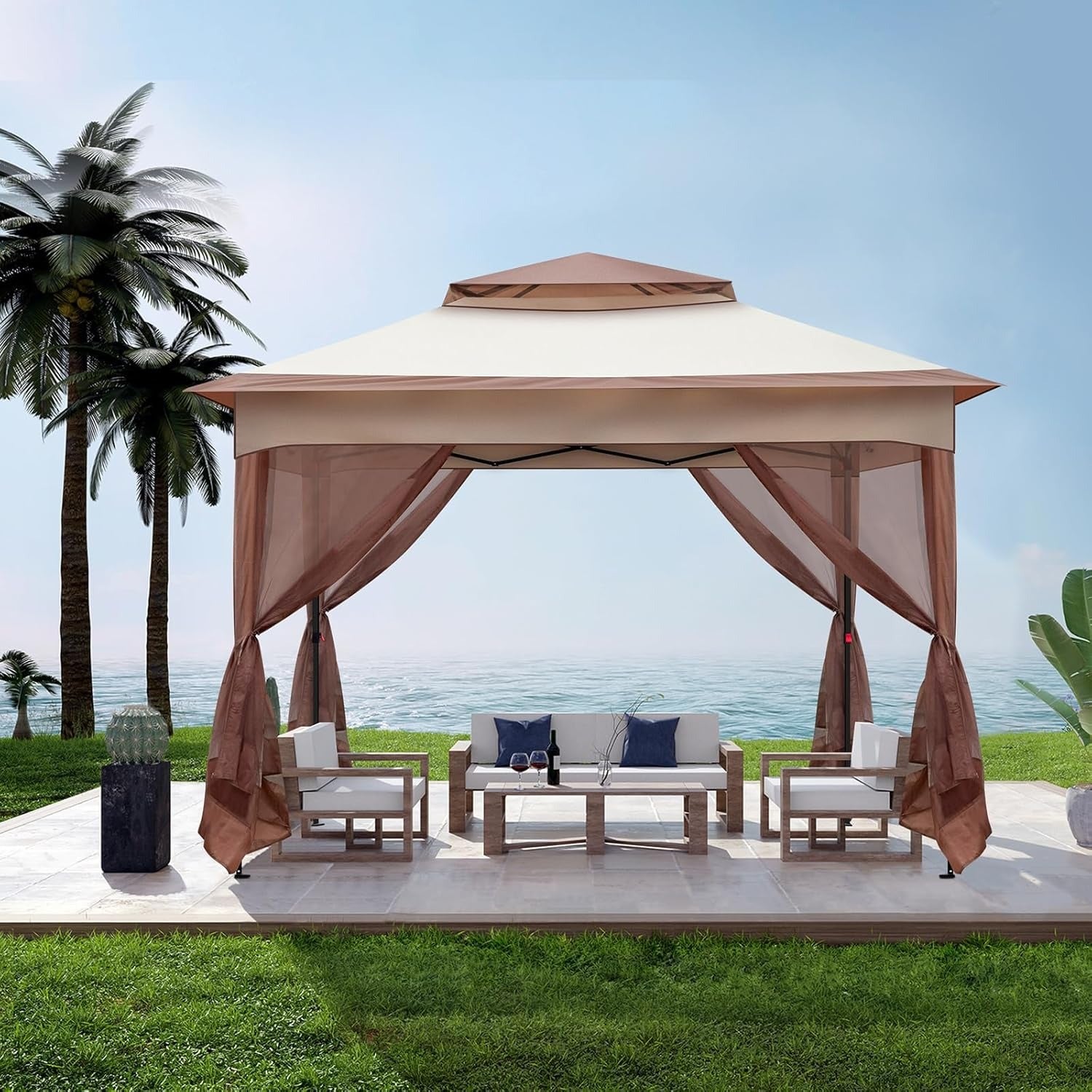 Gazebo da giardino con tenda e lati in rete