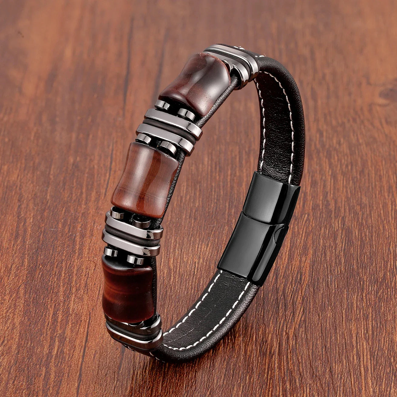 Bracelet Leather Gold | Tiger Eye Beaded Men’s Jewelry