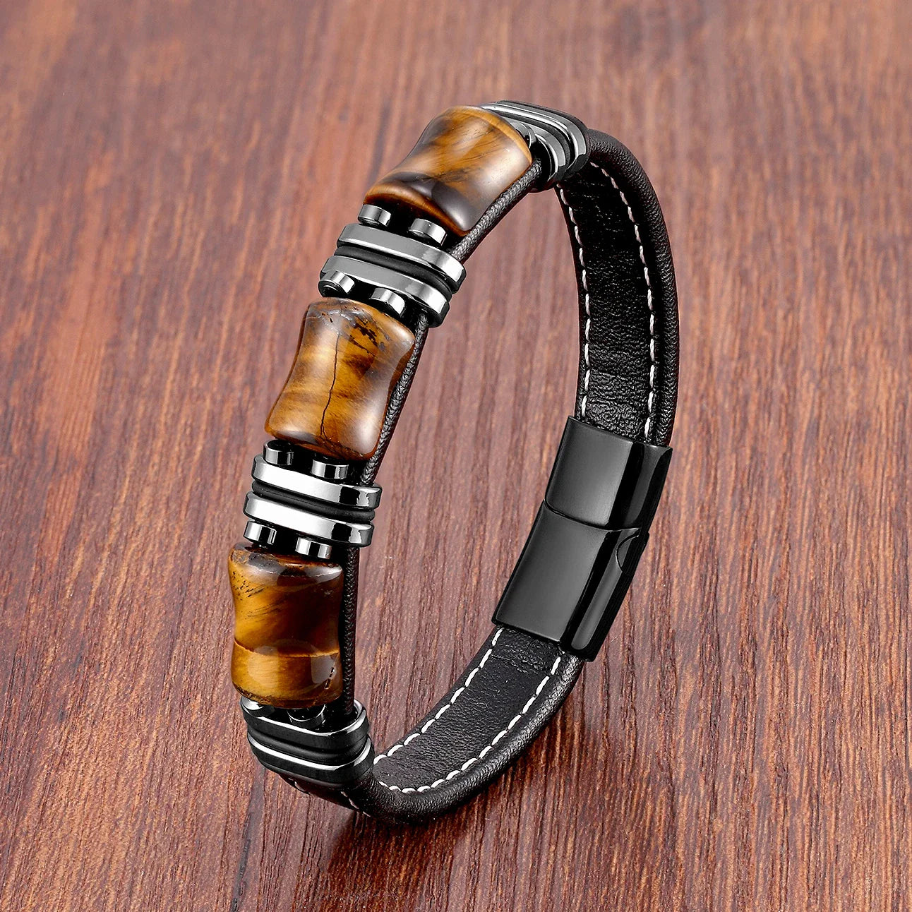 Bracelet Leather Gold | Tiger Eye Beaded Men’s Jewelry