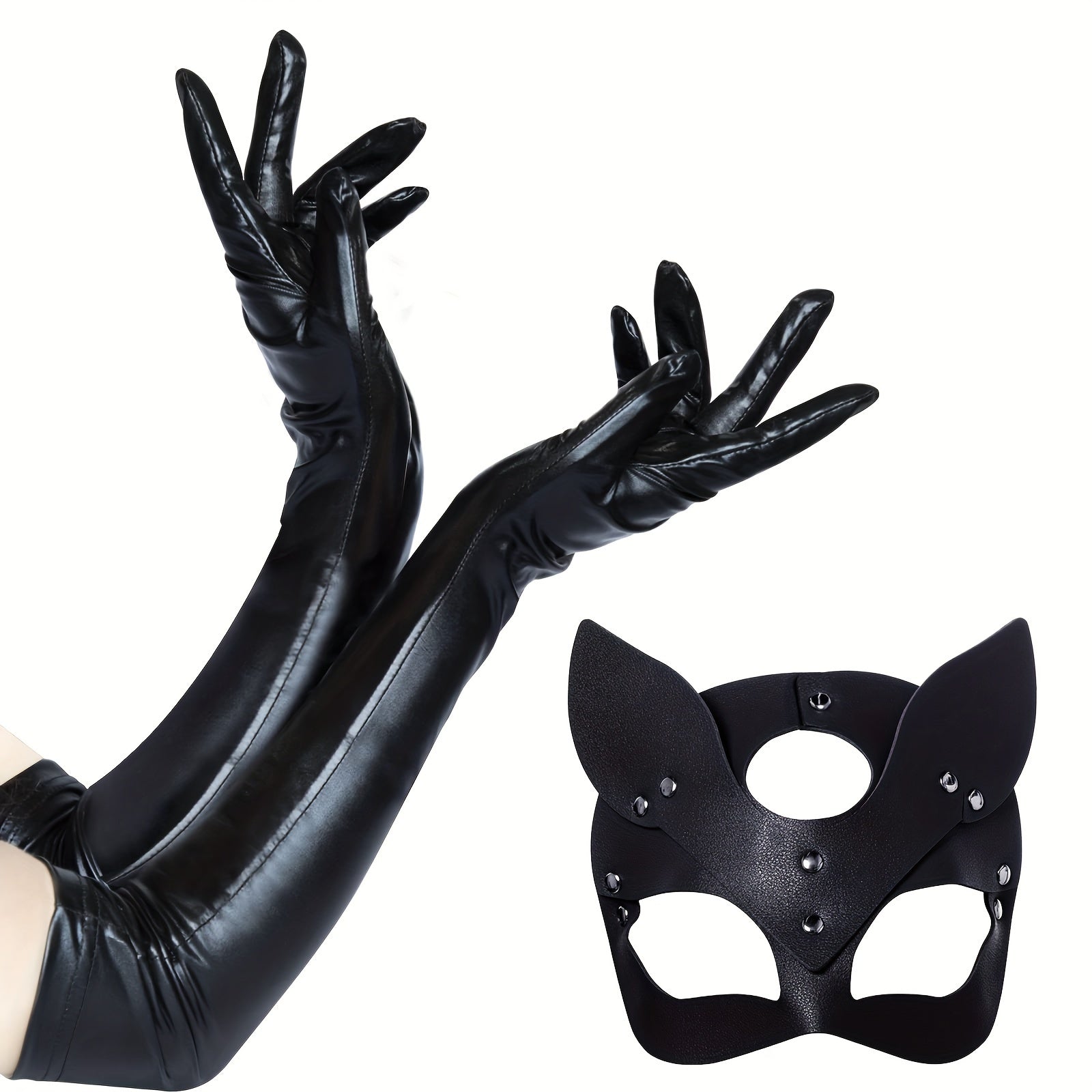 Accesorios de disfraz de Halloween para mujer de cuero sintético | Máscara de gato Guantes