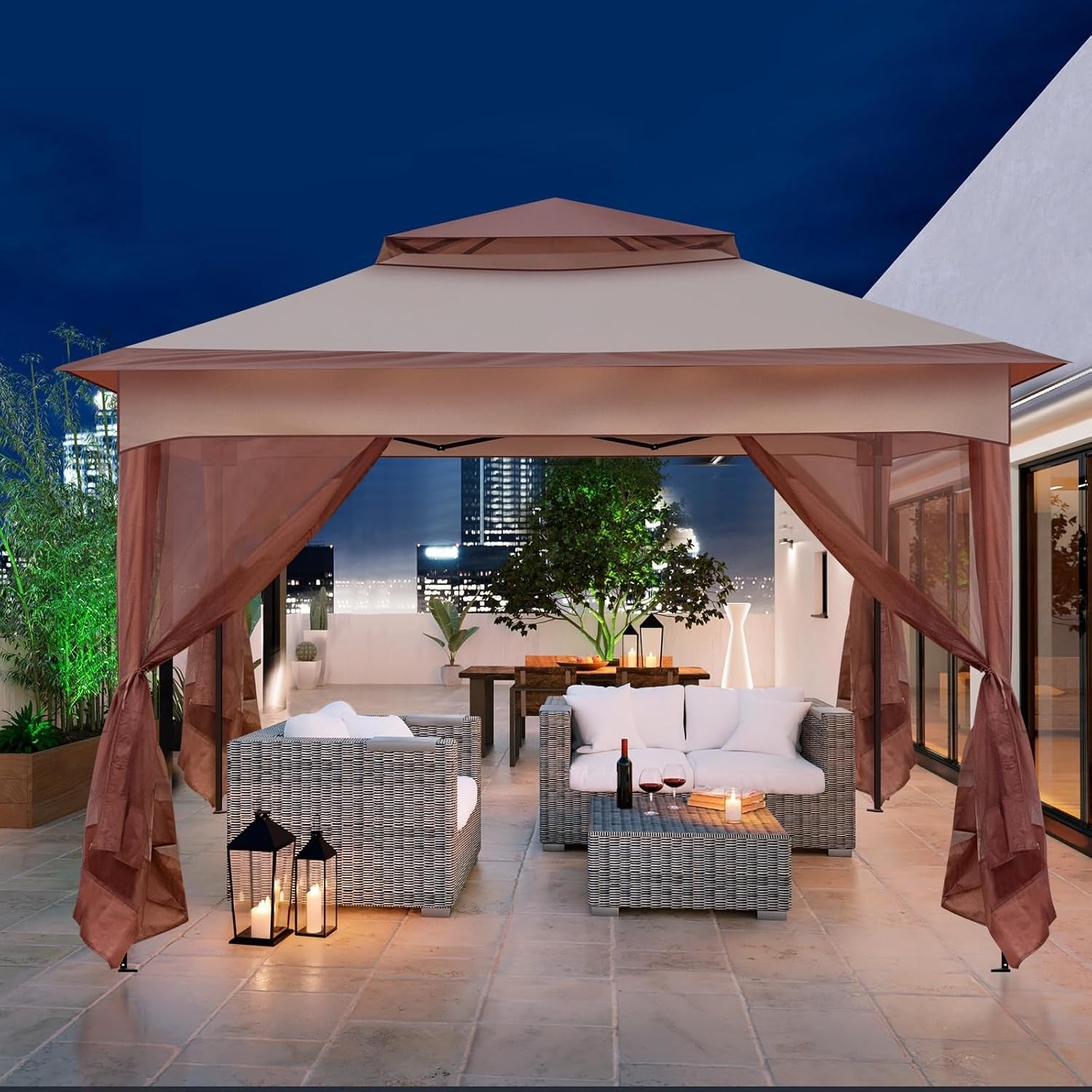 Gazebo da giardino con tenda e lati in rete