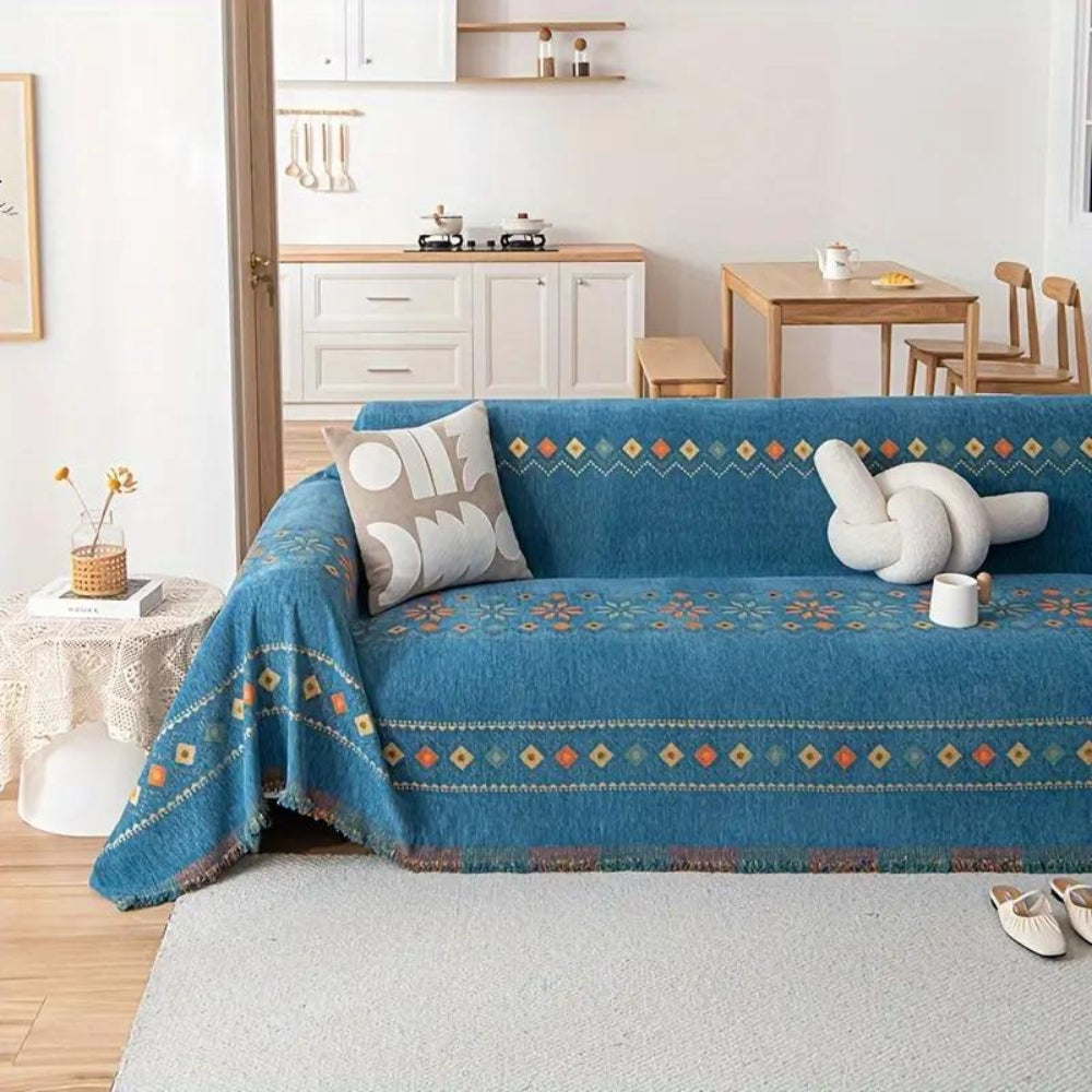 Housse de canapé bohème à pompons en mélange de coton