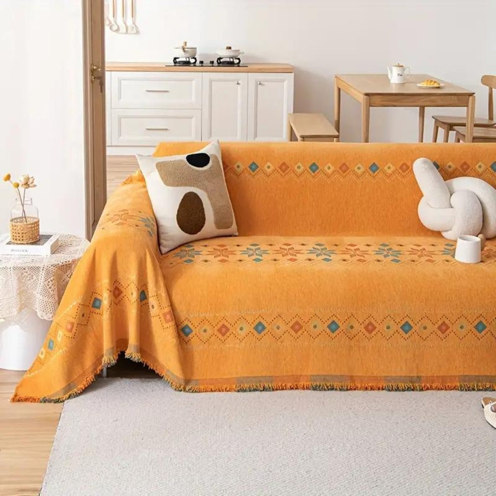 Housse de canapé bohème à pompons en mélange de coton