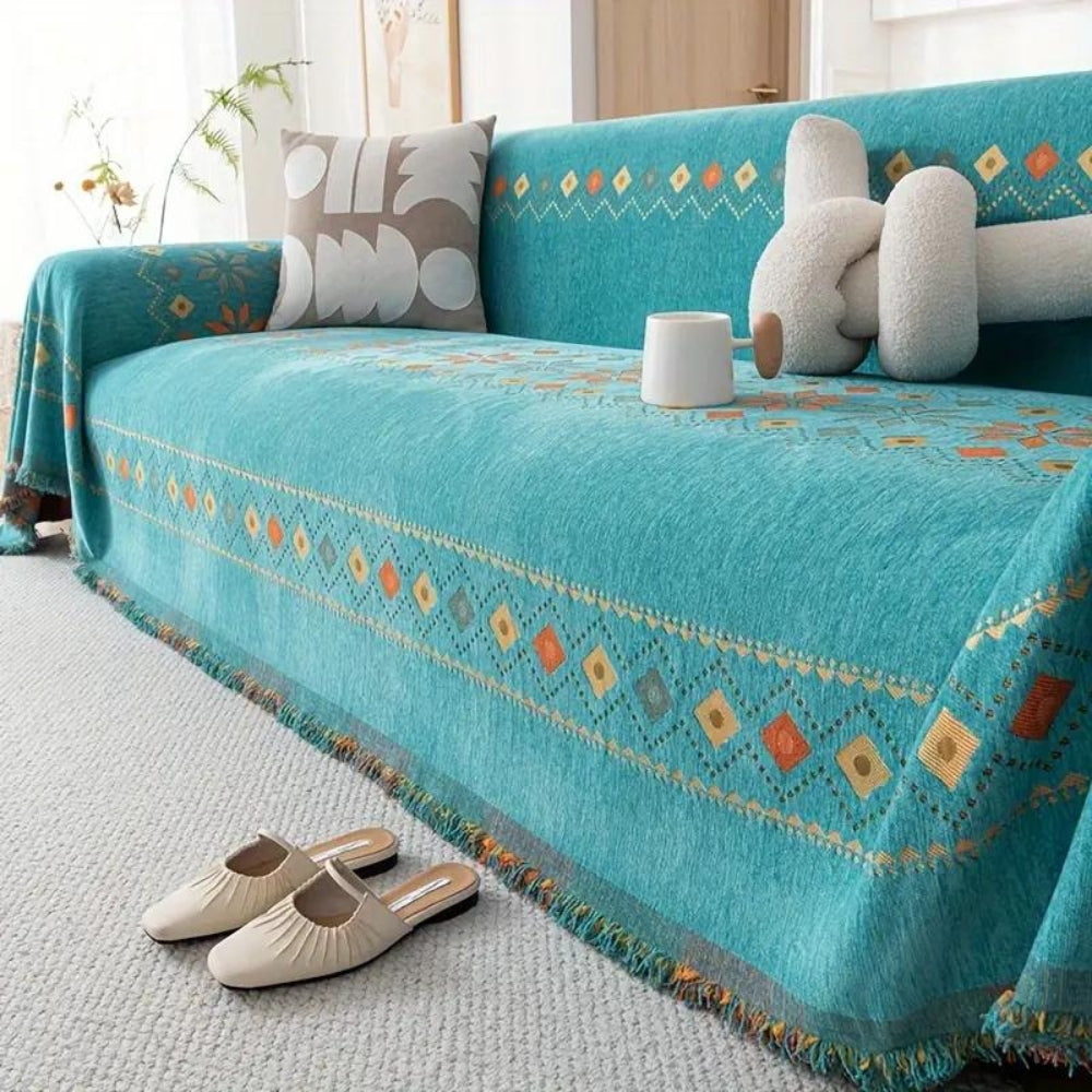 Housse de canapé bohème à pompons en mélange de coton