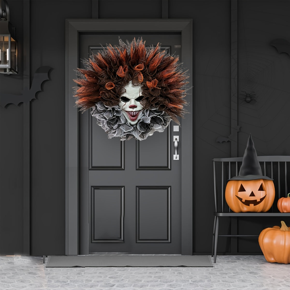 Halloween gruseliger Clown Netzkranz | unheimliche Haustürdekoration