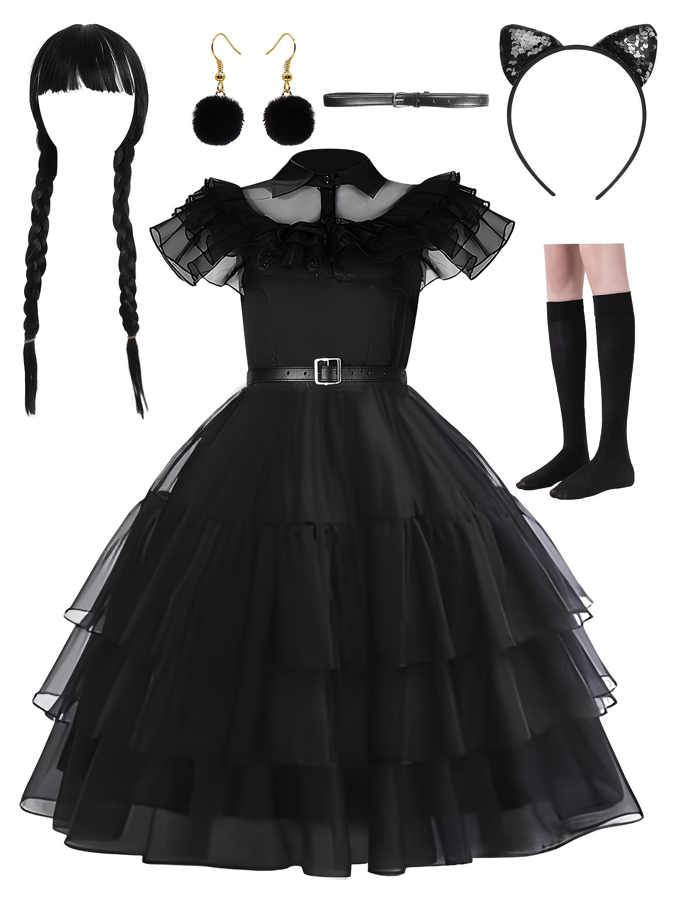 Conjunto de vestido de disfraz de Halloween gótico en capas para mujer | Midi con volantes