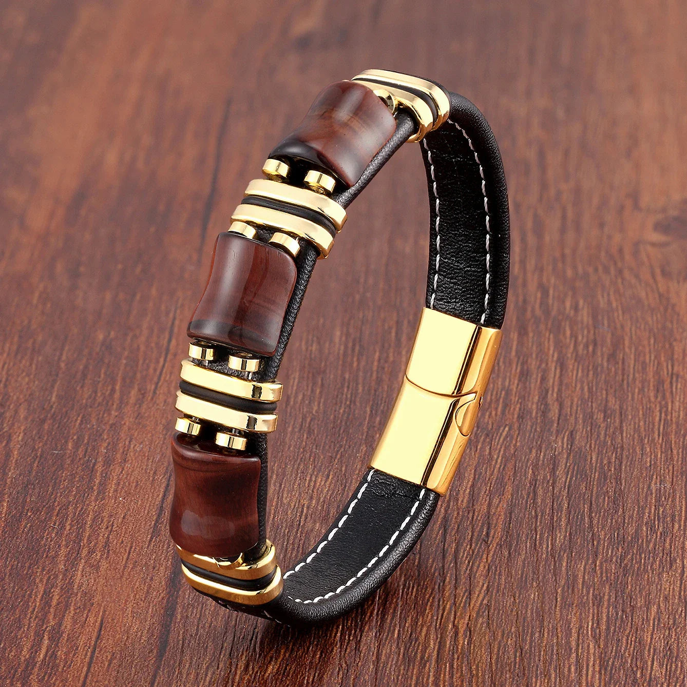 Bracelet Leather Gold | Tiger Eye Beaded Men’s Jewelry