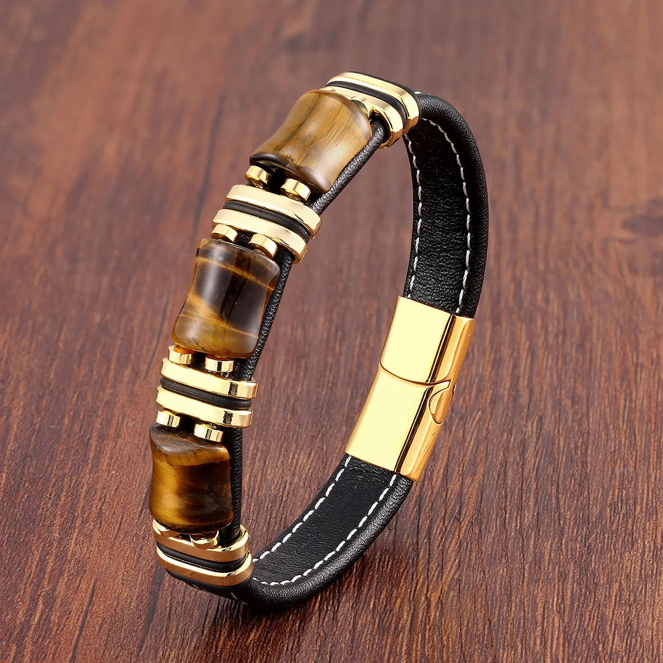 Bracelet Leather Gold | Tiger Eye Beaded Men’s Jewelry