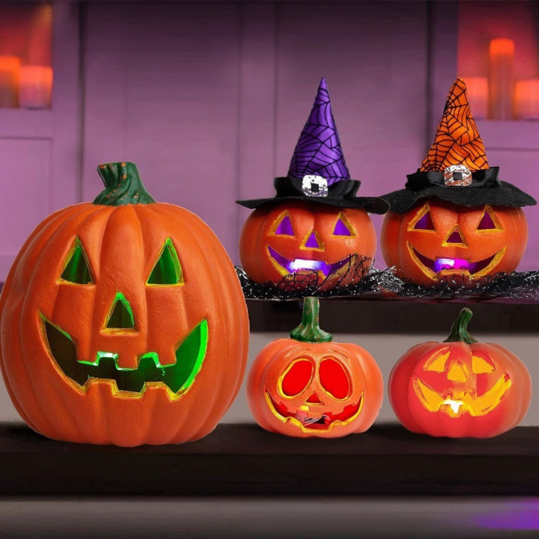 Conjunto de decoración de calabaza de Halloween luminosa con luz | Funciona con pilas