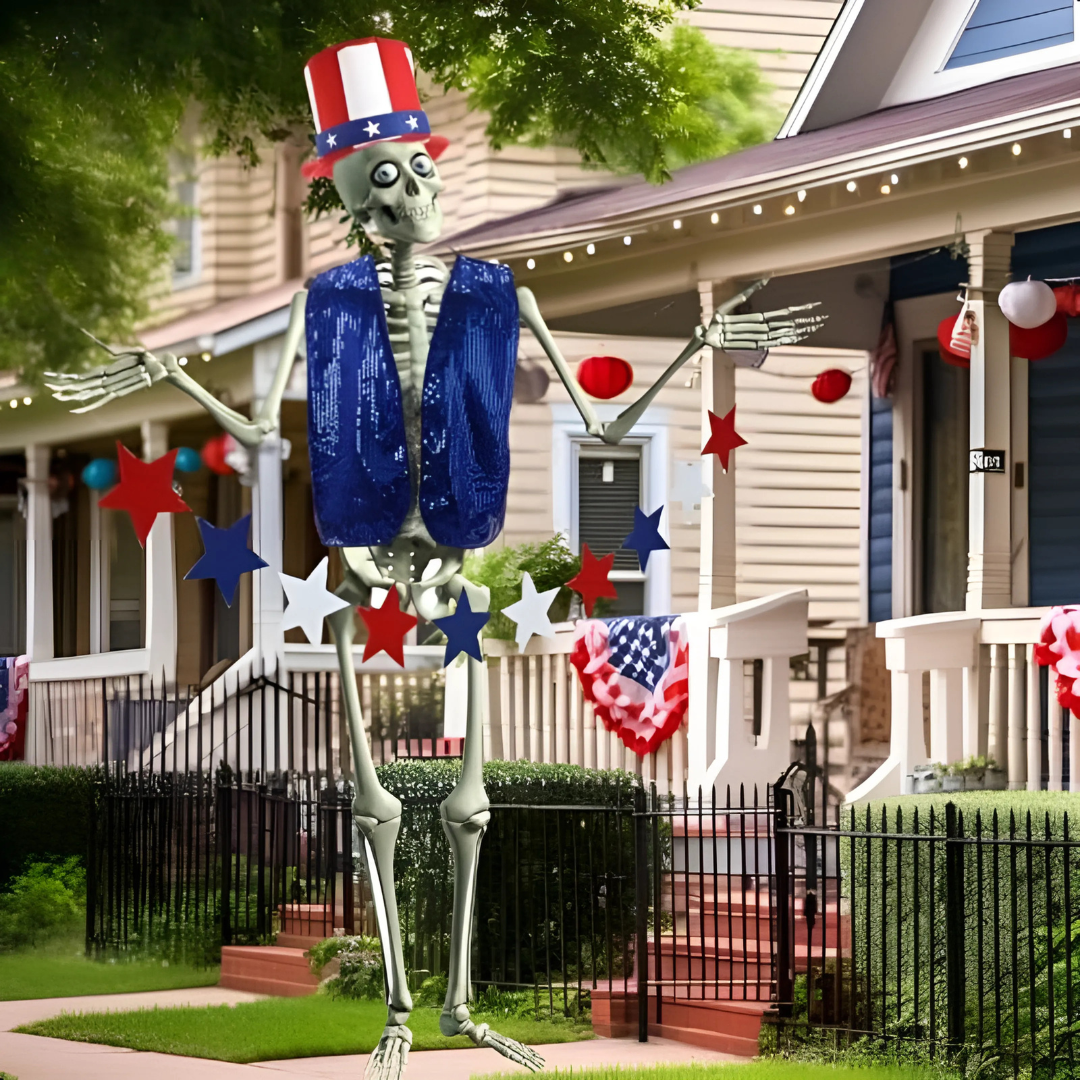 Decoración gigante de esqueleto de Halloween de 12 pies | Posable, patriótica
