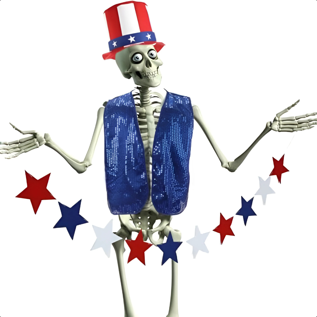 Decoración gigante de esqueleto de Halloween de 12 pies | Posable, patriótica