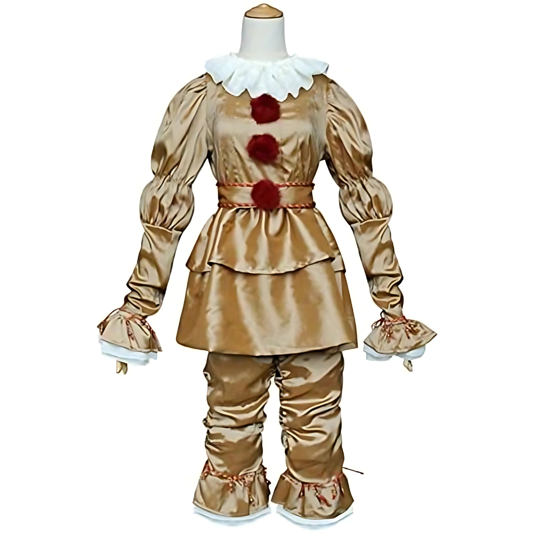 Vintageowy kostium klauna na Halloween z długim rękawem | Detal z falbanką