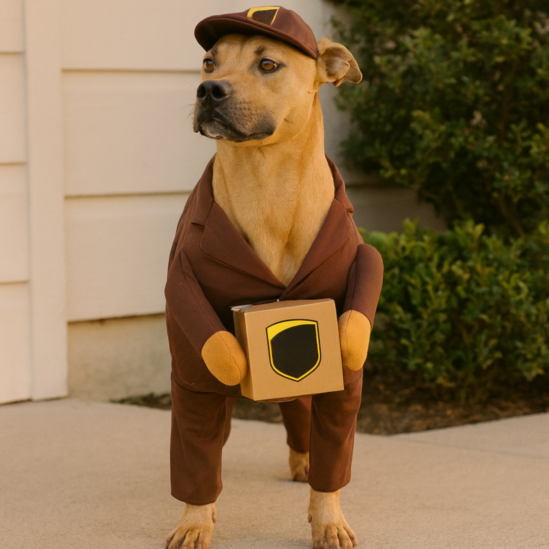 Disfraz de perro para Halloween con atuendo de repartidor