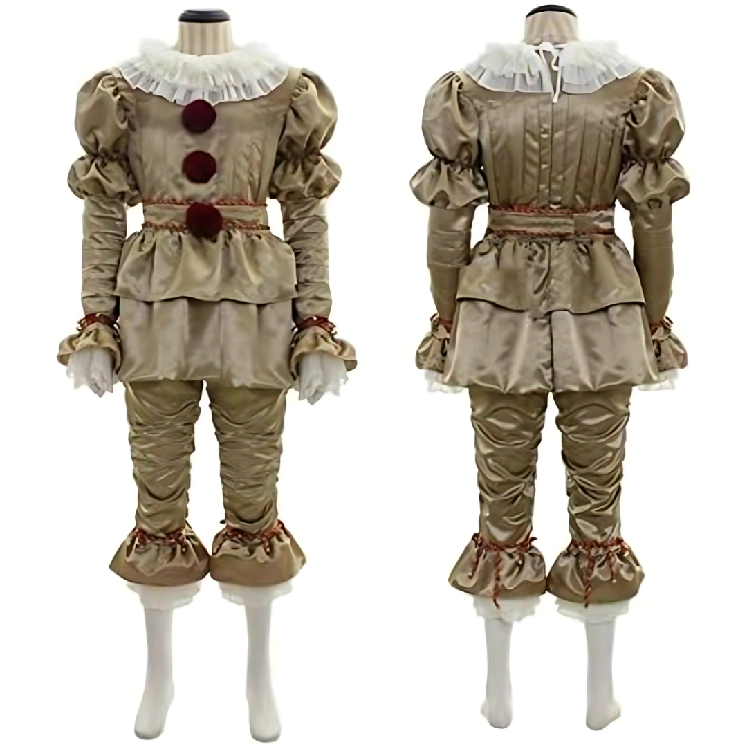 Vintageowy kostium klauna na Halloween z długim rękawem | Detal z falbanką