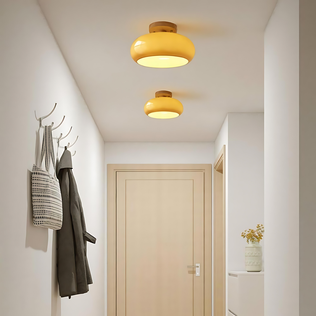 Lampade da soffitto moderne in vetro e legno a plafone