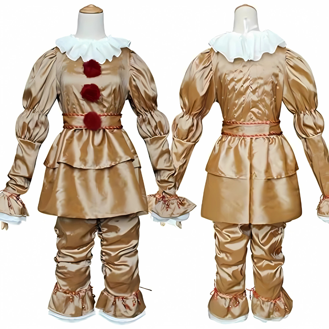 Vintageowy kostium klauna na Halloween z długim rękawem | Detal z falbanką