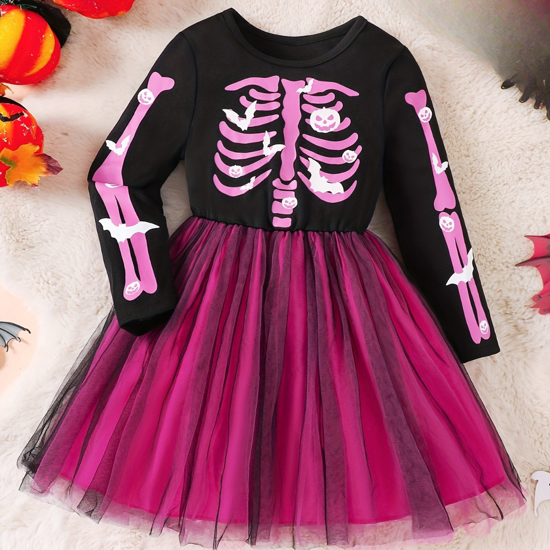 Mädchen Langarm Halloween Skelett Kostüm Kleid | Tüll Mini