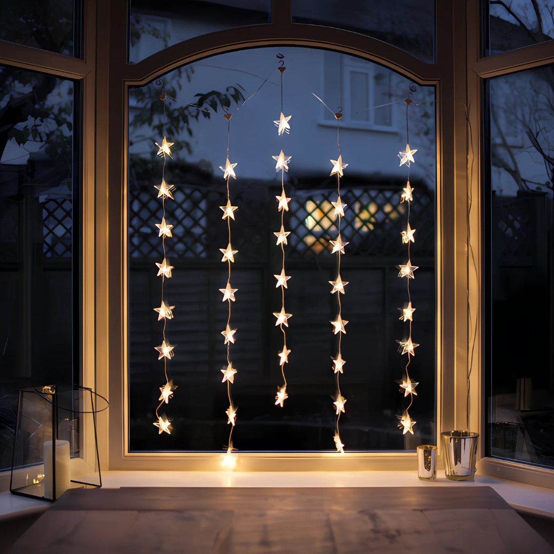 Luces de cortina de estrellas para decoración navideña