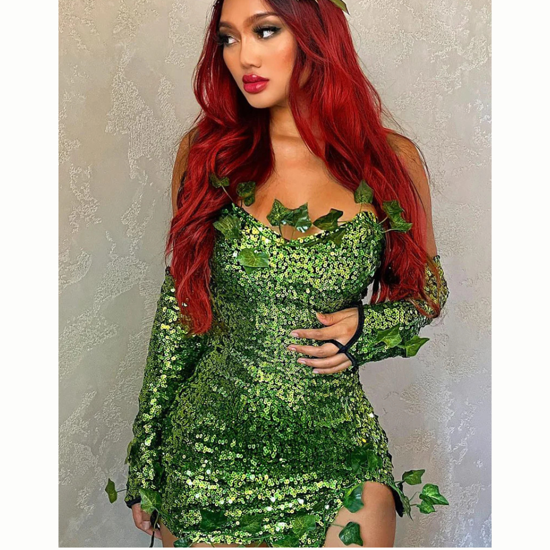 Women Sequin Leaf Halloween Costume Dress | Strapless Mini
