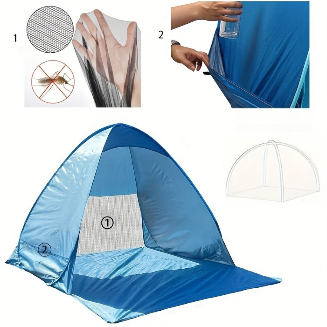 Tienda de playa con dosel de sombra y bolsa de transporte