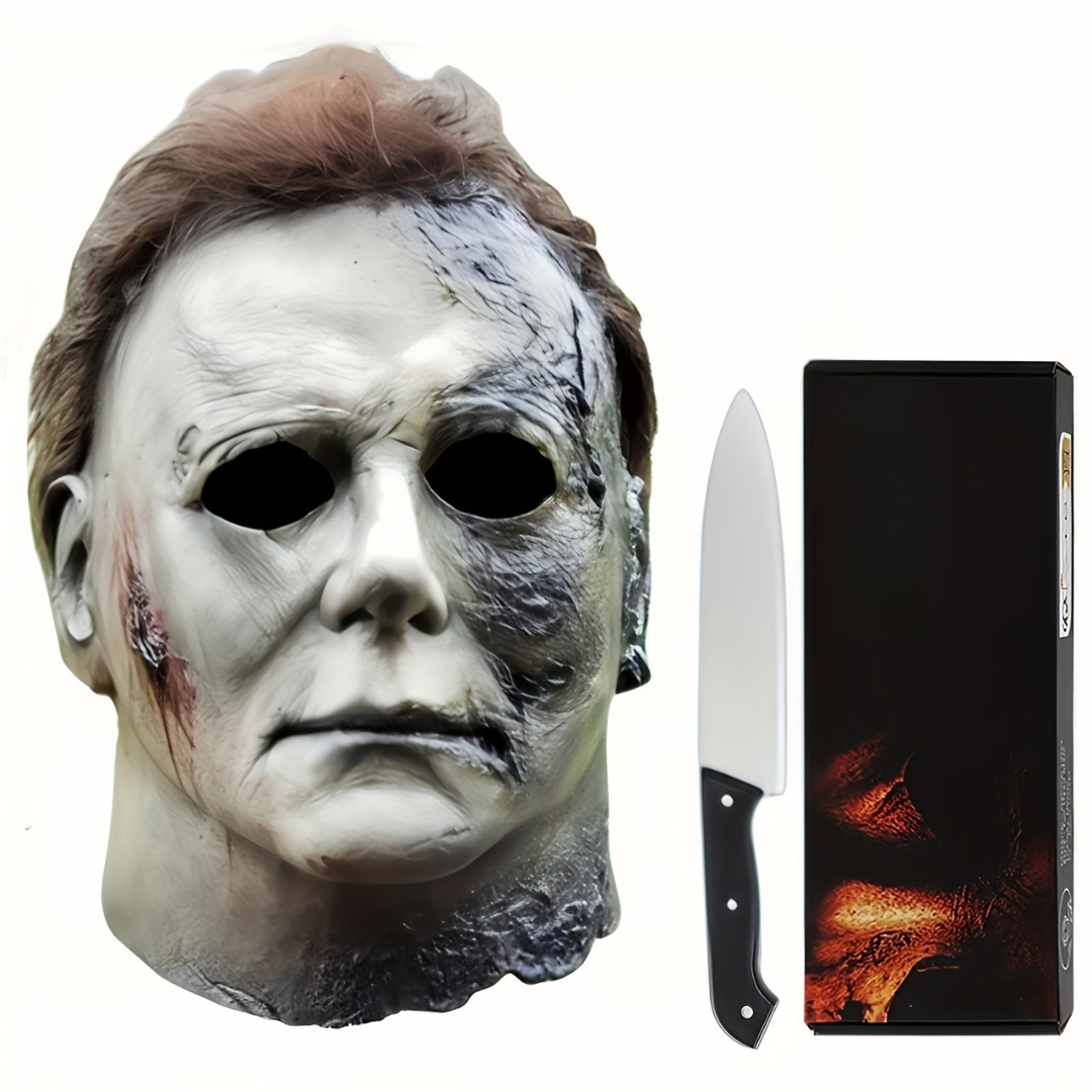 Męski realistyczny straszny zestaw masek na Halloween | Rekwizyt horror nóż