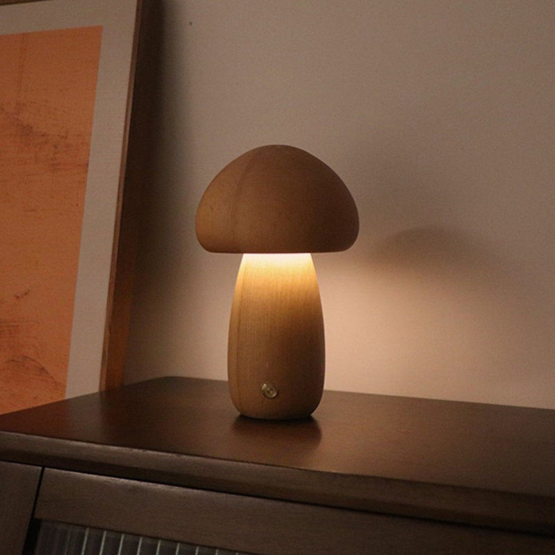 Lámpara de mesa con diseño de hongo de madera