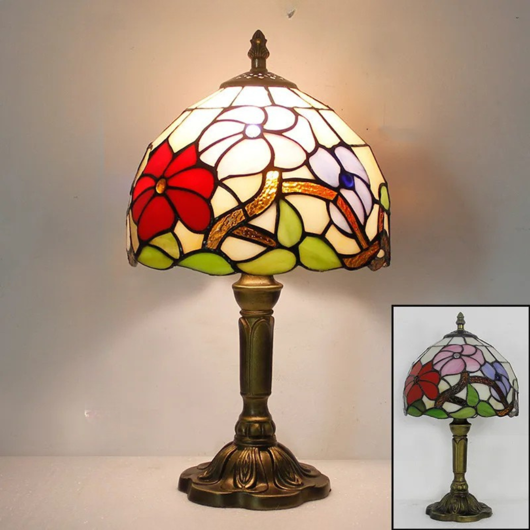 Lámpara de mesa de vidrieras con diseño floral