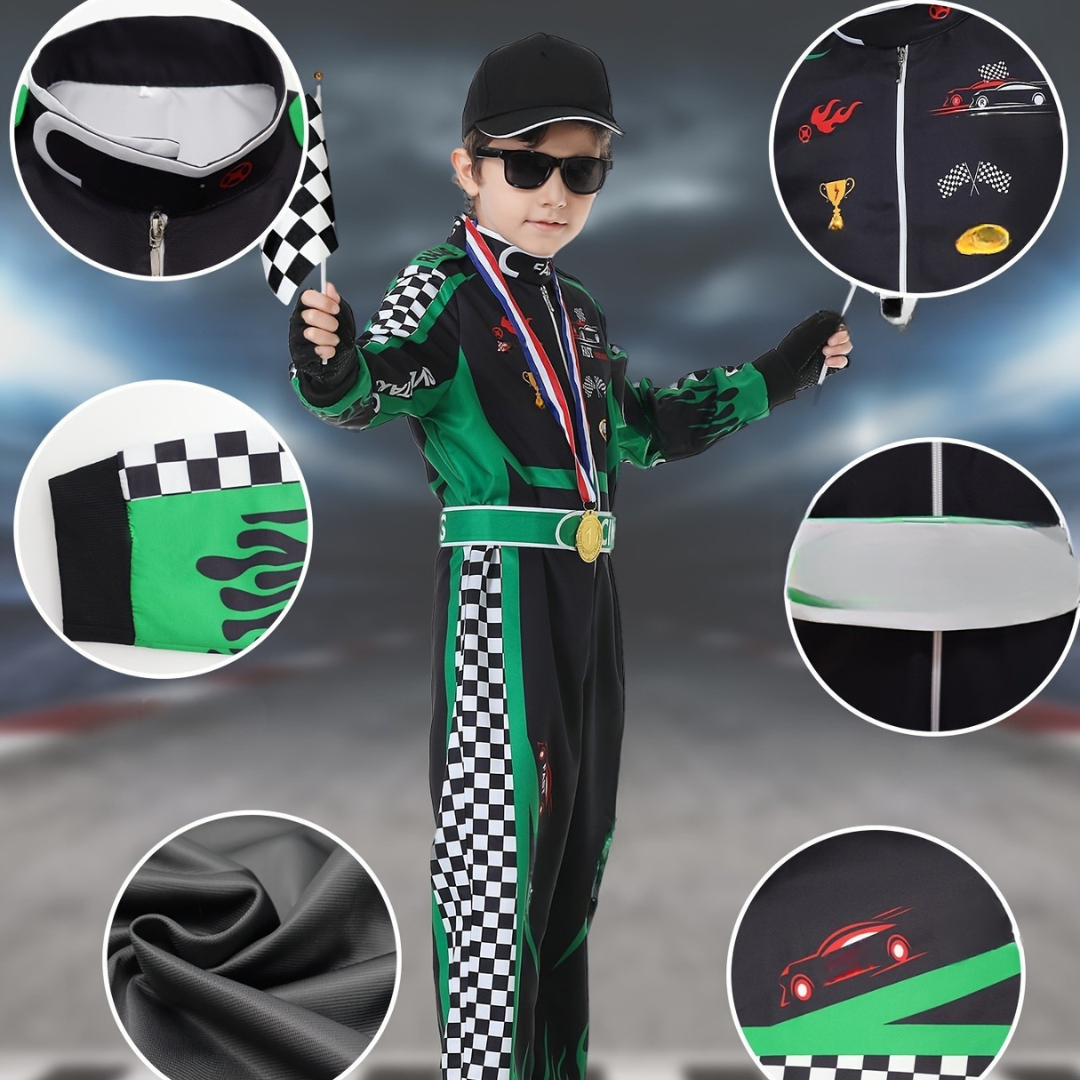 Boys Realistic Halloween Racing Costume Set | Long Sleeve Jumpsuit