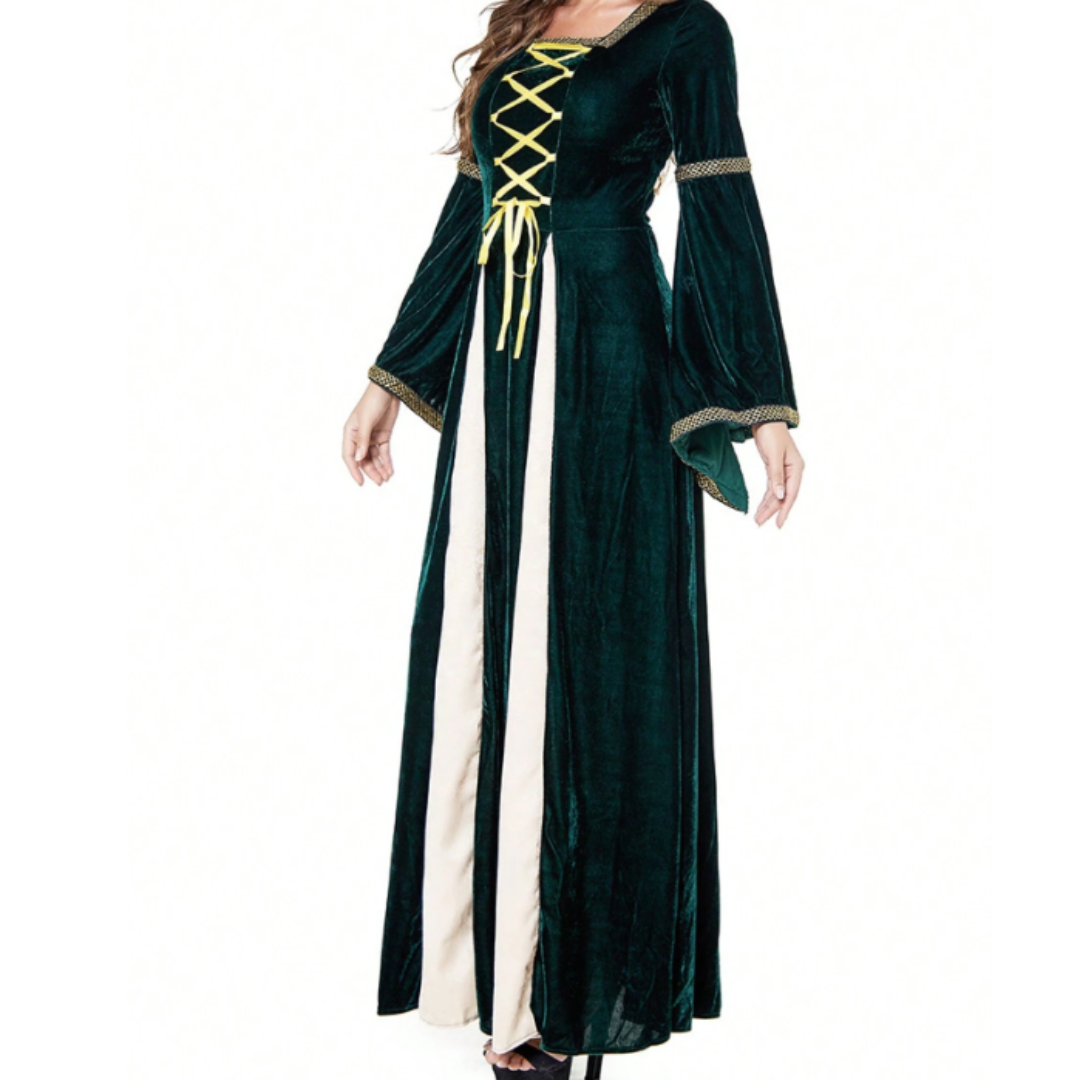 Disfraz de Halloween medieval con cordones para mujer | Vestido largo de manga larga