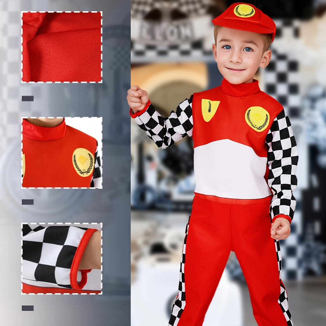 Boys Fun Halloween Racing Costume Set | Checkered Long Sleeve Jumpsuit