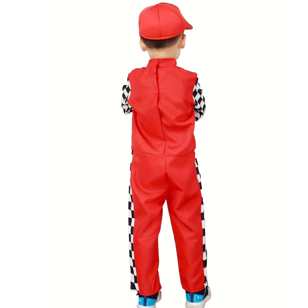 Boys Fun Halloween Racing Costume Set | Checkered Long Sleeve Jumpsuit