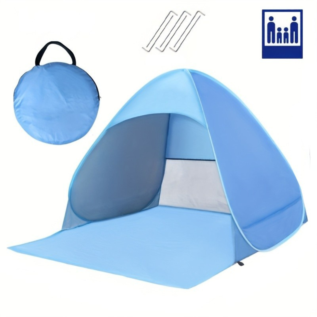 Tienda de playa con dosel de sombra y bolsa de transporte