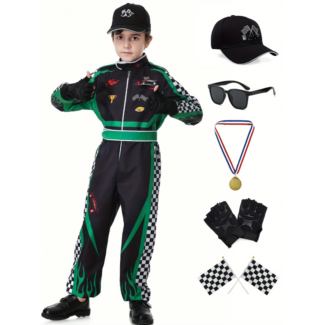 Boys Realistic Halloween Racing Costume Set | Long Sleeve Jumpsuit
