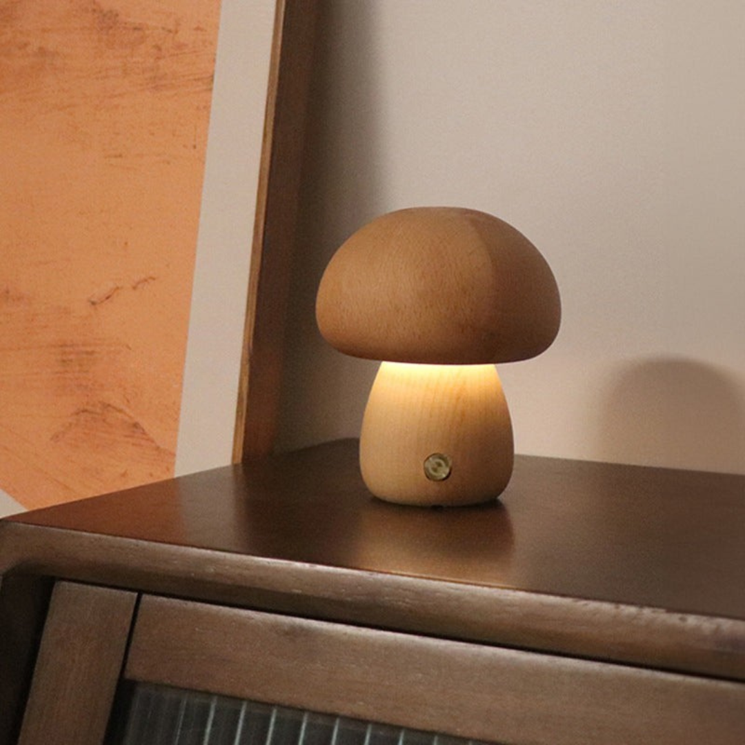 Lámpara de mesa con diseño de hongo de madera