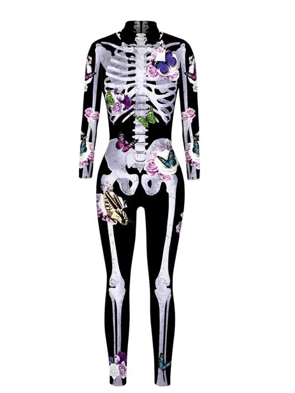 Mono de disfraz de Halloween para mujer | Esqueleto de manga larga