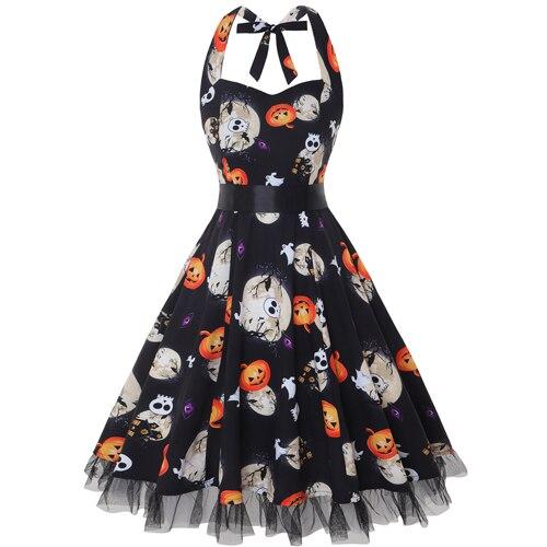 Vestido de Disfraz Vintage de Halloween para Mujer | Mini Calabaza sin Mangas