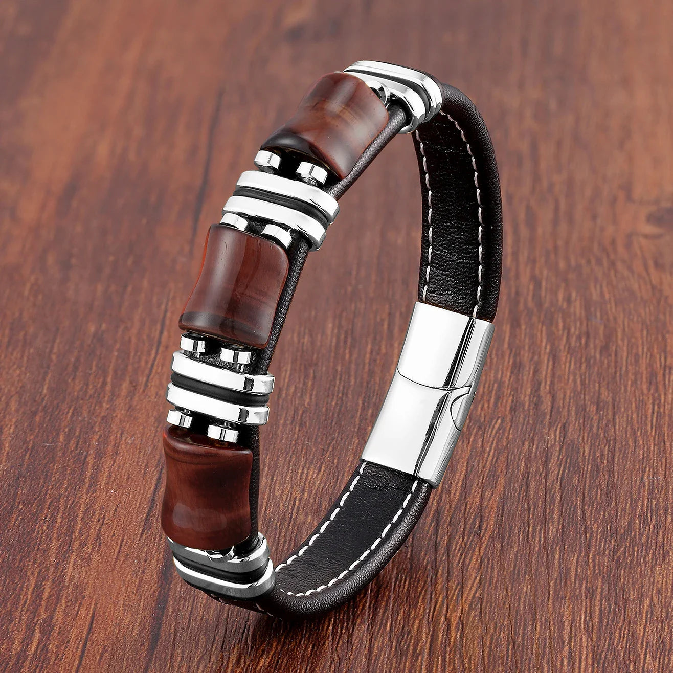 Bracelet Leather Gold | Tiger Eye Beaded Men’s Jewelry